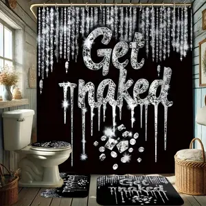 4pcs Black Crystal Tear Diamonds Drapery Shower Curtain with Multiple Hooks Decorative Bathroom Set Barrier Shower Curtain, Non-Slip, Toilet U, Toilet Cover, Bedroom Decor, Home Decor, Bathroom Decor & Additions, Perfect Gift