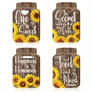 Wooden Mason Jar Shaped Decoration, 4 Counts/set Sunflower Pattern Wall Art, Inspirational Farmhouse Wall Sign for Home Bedroom Living Room