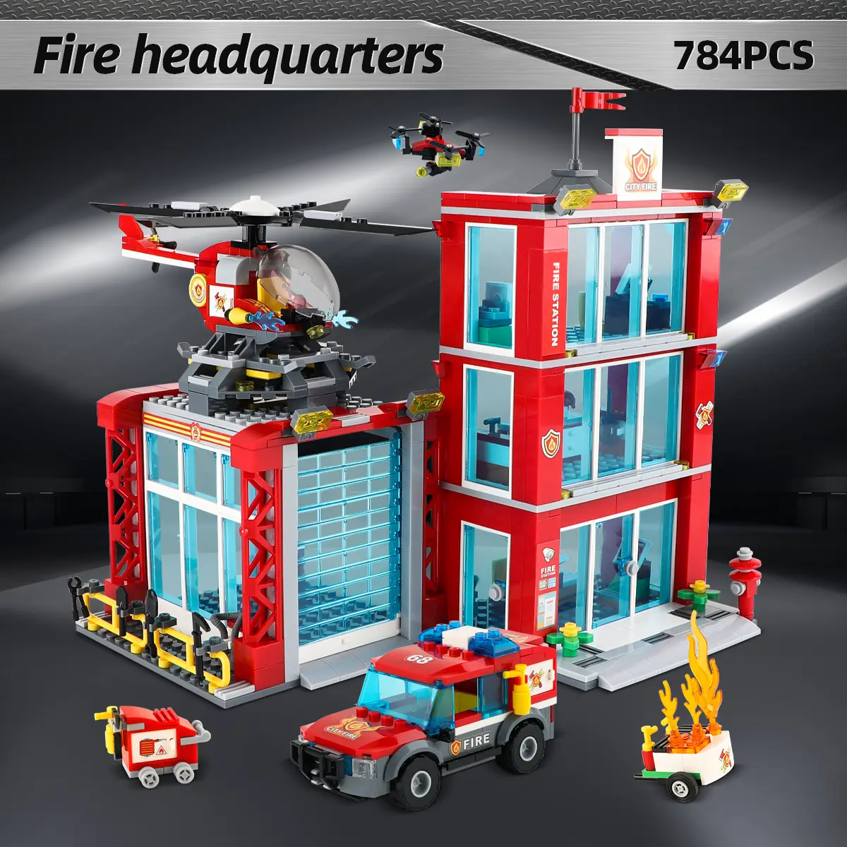 [784pcs City Street Scene] 784pcs City Street Scene Model Building Blocks | Police Station, Police Car, Trucks, Car, Helicopter, UAV, Fire Station, Firefighter Figures, Man Bricks Toys For Children Festival Gifts