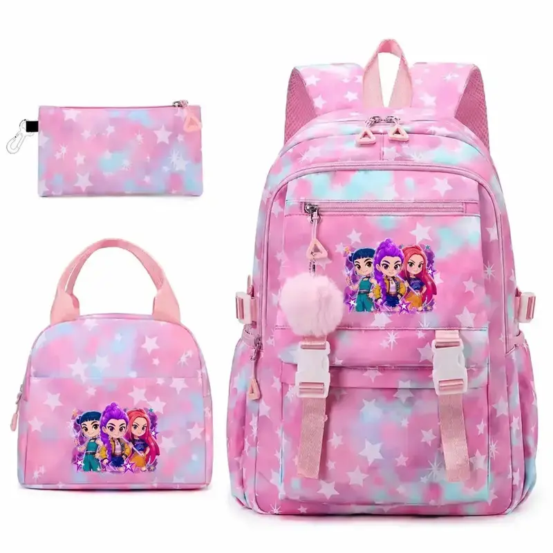 Huntrix Girls Backpack Set, 3Pcs Kids School Bag with Lunch Box Pencil Case, Pink Star Tie‑Dye Waterproof Nylon Bookbag, Lightweight Cute Cartoon Backpack for Elementary Primary School Girls