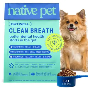 Native Pet GutWell Clean Breath - Dog Breath Freshener & Dental Care Food Topper - Dog Teeth Cleaning to Reduce Plaque & Tartar - Promotes Fresh Breath with Targeted Triple-biotic Oral Care Blend - 60 Scoops