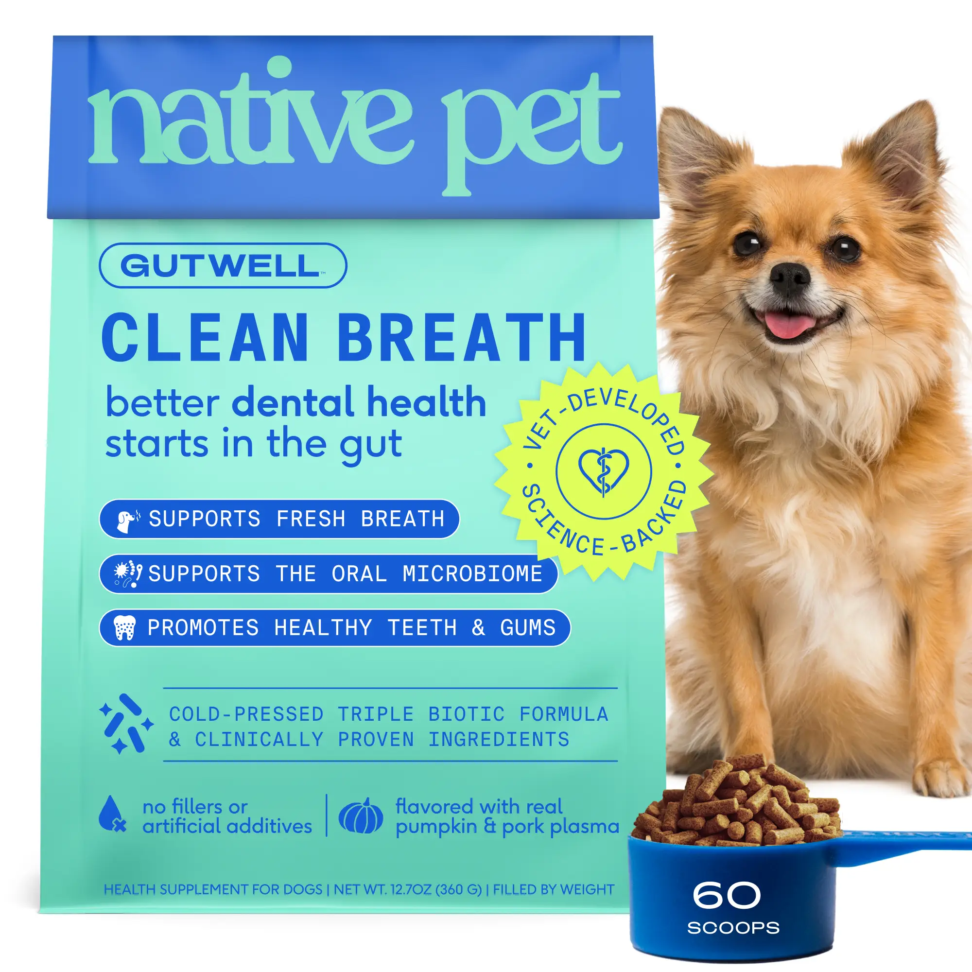 Native Pet GutWell Clean Breath - Dog Breath Freshener & Dental Care Food Topper - Dog Teeth Cleaning to Reduce Plaque & Tartar - Promotes Fresh Breat