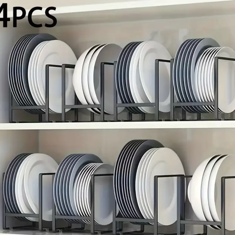 4pcs Kitchen Dish Rack Set Black Large Size Cabinet Plate Holder Space Saving Draining Rack with Integrated Drainage and Storage Design for Household Tableware Organizer