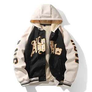 Vintage Street Style Hooded Fleece Baseball Jacket Autumn Winter American Trendy Brand Letter Print Warm Coat Men Casual Menswear Long Sleeve Stylish