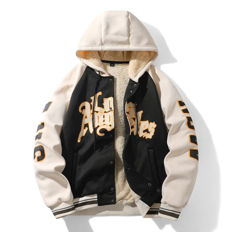 Men's Vintage Street Style Hooded Fleece Baseball Jacket - Autumn Winter Warm Sweatshirts with American Trendy Brand Letter Print, Long Sleeve Casual Menswear Coat