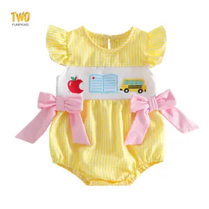 Baby Girls Summer Cute Romper Adorable Letter Stationery Embroidery Crew Neck Flying Sleeve Plaid Jumpsuit