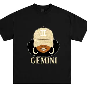 Gemini Zodiac T-Shirt Black Girl Graphic Tee Astrology Sign Shirt Gemini Season Horoscope Gift for Women Trendy Gold Aesthetic Streetwear Birthday Gift Unisex Fashion Apparel