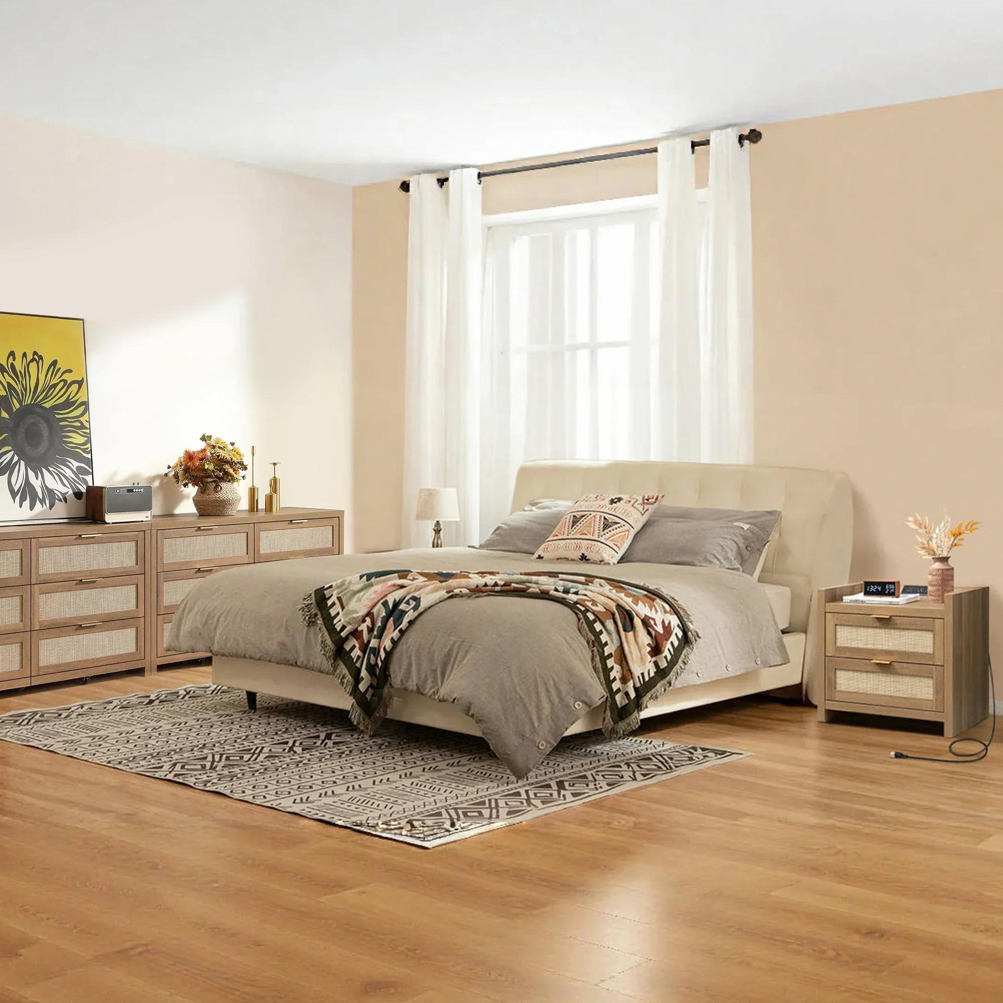 SICOTAS Night Stand Set of 2 - Rattan Nightstands with Type-C Charging Station &  Rattan Drawer - 15.4" x 23.6" x 22.1" Boho Bed Side End Table for Small Apartment Living Room Bedroom, Sturdy and Durable