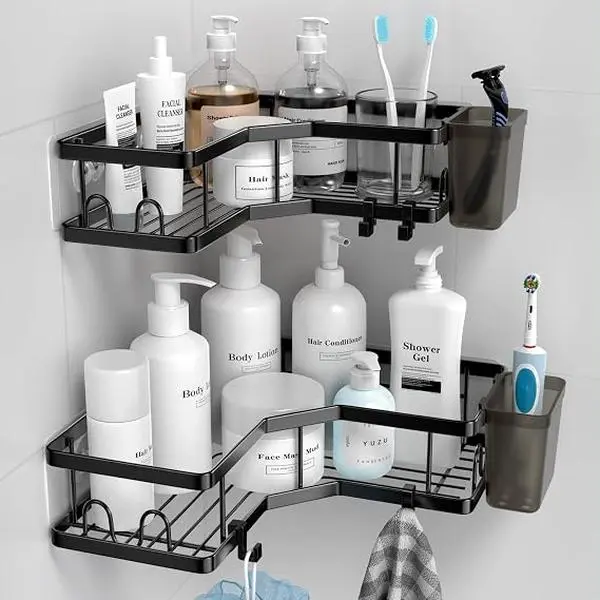 Cast Iron Corner Shower Shelf, No-Drill Corner Storage Rack, Wall-Mounted Corner Shelf Organizer, Bathroom Wall Triangle Shelf, Punch Free Shower Corner Caddy, Fan shaped storage rack, non perforated bathroom storage Black Adhesive Shower Organizer