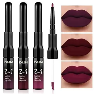 3Pcs Dark Red Purple Plum Matte Liquid Lipstick and Lip Liner Set for Women Matte Burgundy Lip Tint Stain Long Lasting Waterproof, Black Cherry Blood Red Mauve Brown Gothic Goth Lipsticks Makeup