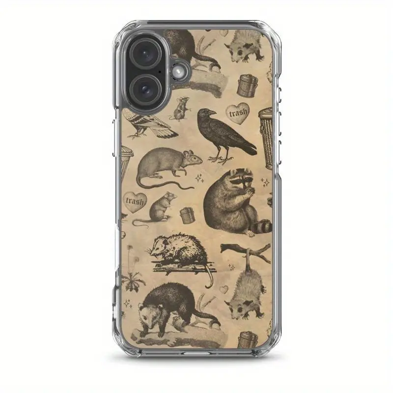 Unique Vintage Sculpted Animal Sketch Soft TPU Phone Case for iPhone - Wacky Urban Wildlife Raccoon Possum Mouse Crow Protective Flexible Case Black phone cases iphone 16 case iphone 15 pro max case