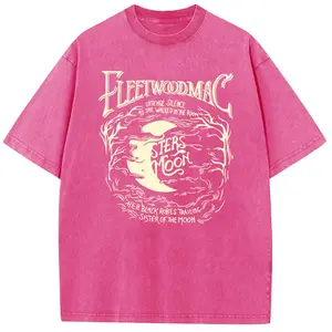 Sunland Fasion Vintage Moon Pattern Acid Wash T-Shirt,Heavyweight Cotton Streetwear graphic vintage tees Menswear Womenswear Crewneck Tshirt pink