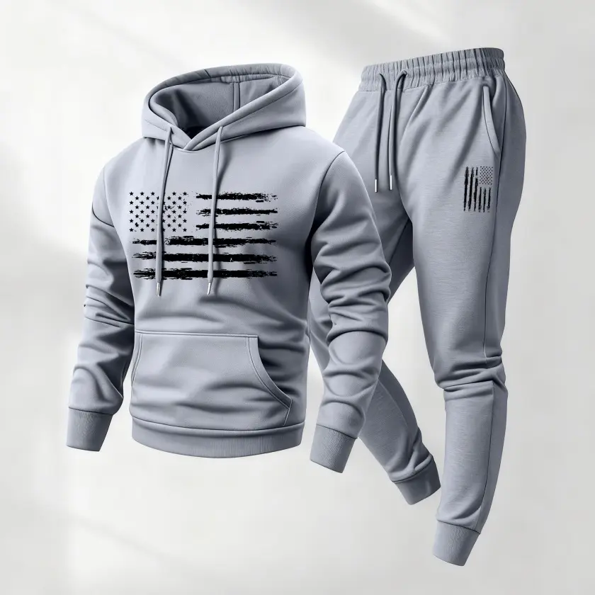 Men's 2-Piece American Flag Print Tracksuit - Hooded Long-Sleeve Jacket & Drawstring Sweatpants, Casual Sweatsuits, Workout Gym Clothing, Male Clothing, Mensfashion, Breathable Athletic Activewear for Fall/Winter Daily Use, Athletic Style Activewear, Men'