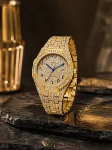 Men's Full Diamond Dial Automatic Mechanical Watch, Octagonal Case, Blue Hands, Calendar Window, Luxury Business Accessory