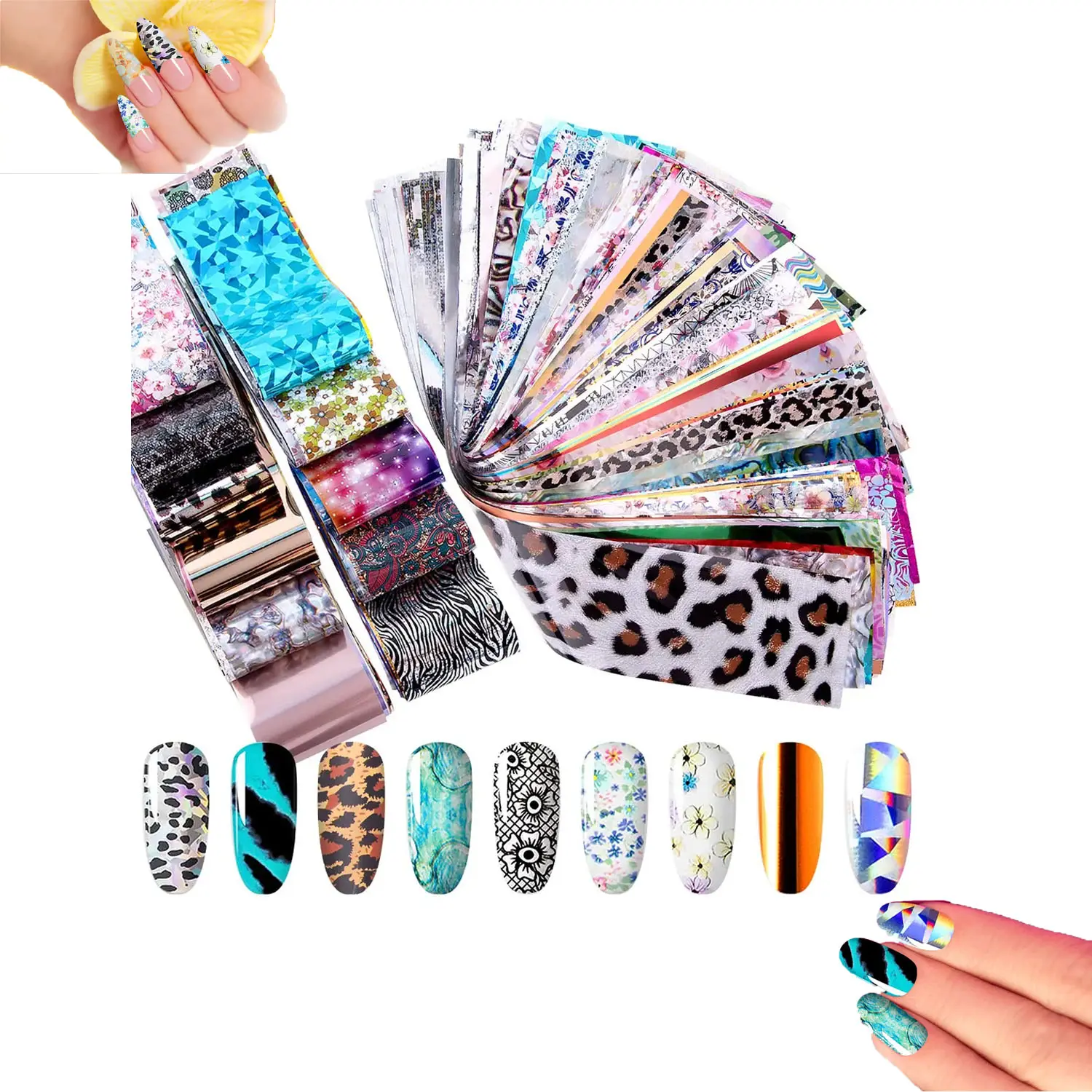 300 Sheets Nail Art Transfer Foil Stickers, Laser Flower Starry Sky Black White Lace Design, Adhesive Nail Foil Paper for DIY Nail Decoration