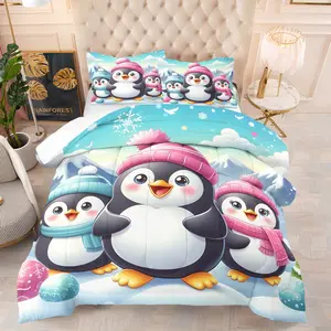 Penguin With Santa Joy Warm Style Soft Breathable Bedding Quilt/Comforter Set 2/3 Pcs Includes 1 Quilt/Comforter 1/2 Pillowcases No Filler Penguin Santa Elements Fluffy Warm Ideal for Girls Teens, Bedrooms Dorms Winter Rooms Bedding Sets