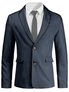 Men's Navy Herringbone 3D Digital Print Blazer Jacket, Single-Breasted Slim Fit Lapel, Vintage Business Style, Spring & Fall Commuter Wear
