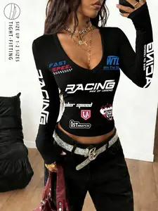 Women's Black V-Neck Tight-Fitting Long Sleeve Racing Graphic T-Shirt, Y2K Inspired Racer Casual Streetwear Trend Style, Perfect for Clubbing and Concerts, Lady
