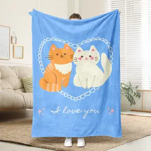 Heart Cat Theme Blanket, Healing Flannel Home Sofa Warm Blanket, Super Soft Comfortable Anti-Allergy Knit Fabric, Perfect Gift