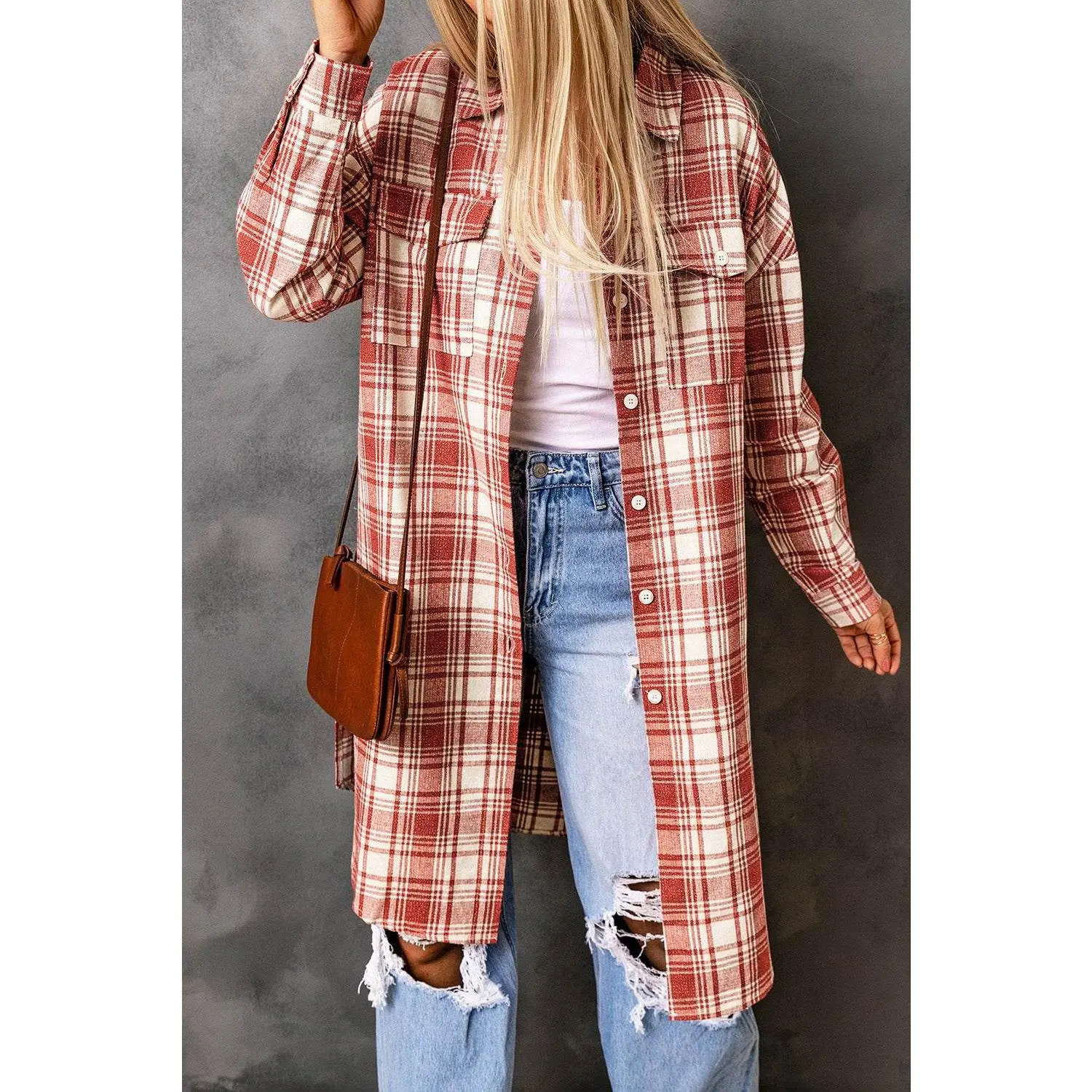 Plaid Button-Up Longline Shacket with Breast Pockets