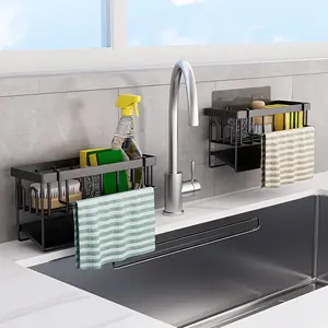 Multifunctional Kitchen Sink Organizer Rack with Towel Holder, Metal Sponge Holder, Dish Soap Box, Self-Draining Tray