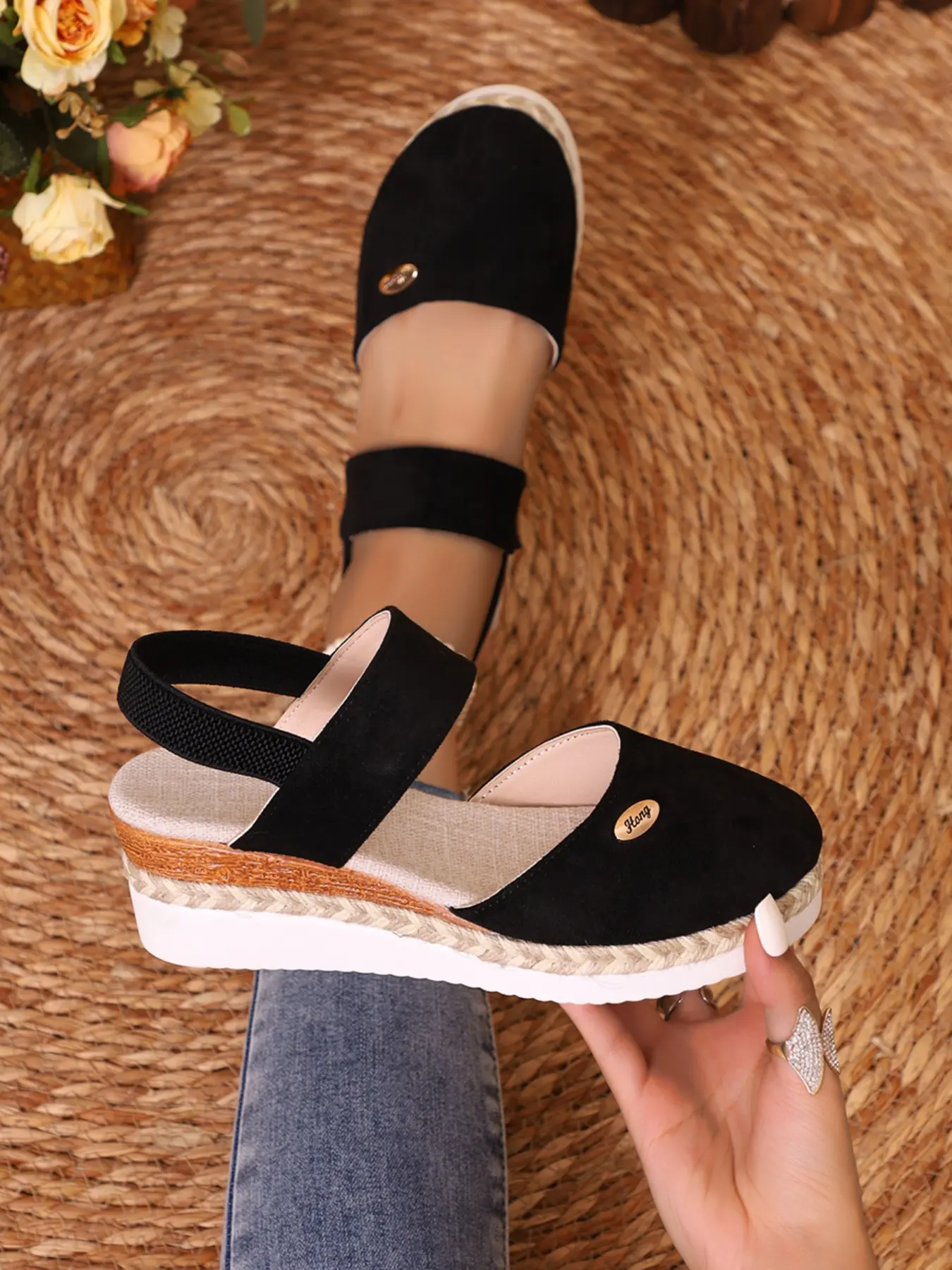 Plus Size Women's Wedge Heeled Rubber Sandals, Closed Toe, Elastic Strap, Bohemian Style, Lightweight Roman Sandals, Perfect for Summer, Boho Sandals