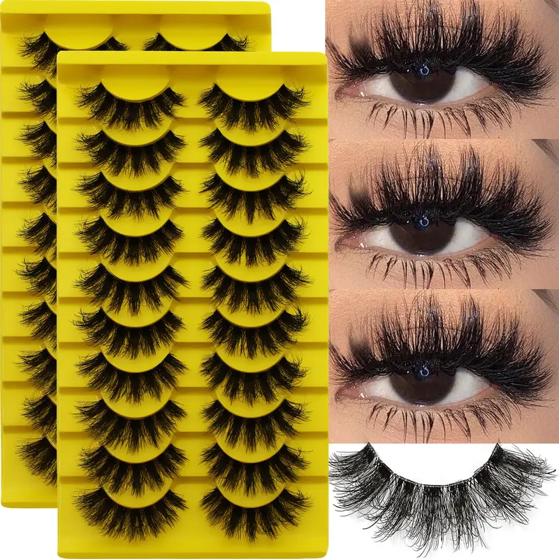 Fluffy Russian Strip Lashes, 3D Messy Fake Eyelashes, Thick Volume Lashes, Voluminous False Eyelashes, 20 Pairs (2 Packs of 10)