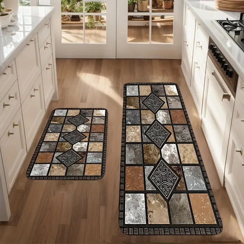 PINSOUL New Upgrade Bicolor Anti-Skid Kitchen Runner Rug - Classic Geometric Stone Pattern, 2D Printed Non-Woven Fabric, Soft Comfortable Easy-to-Clean Home Decorative Rug for Kitchen, Bedroom, Home Decorative Rugs