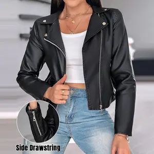 CHICME Women's Smooth PU Leather Biker Jacket - Notched Collar, Long Sleeves, Zip-Up, Cropped, Minimalist Streetwear Style Coat with Flattering Fit, Casual Top