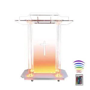 Pulpits with Wheel and LED Lights,Mobile Portable  Podiums,46” Clear Acrylic Podium with Vertical Reading Platform,for Wedding Concert Speech Classroom
