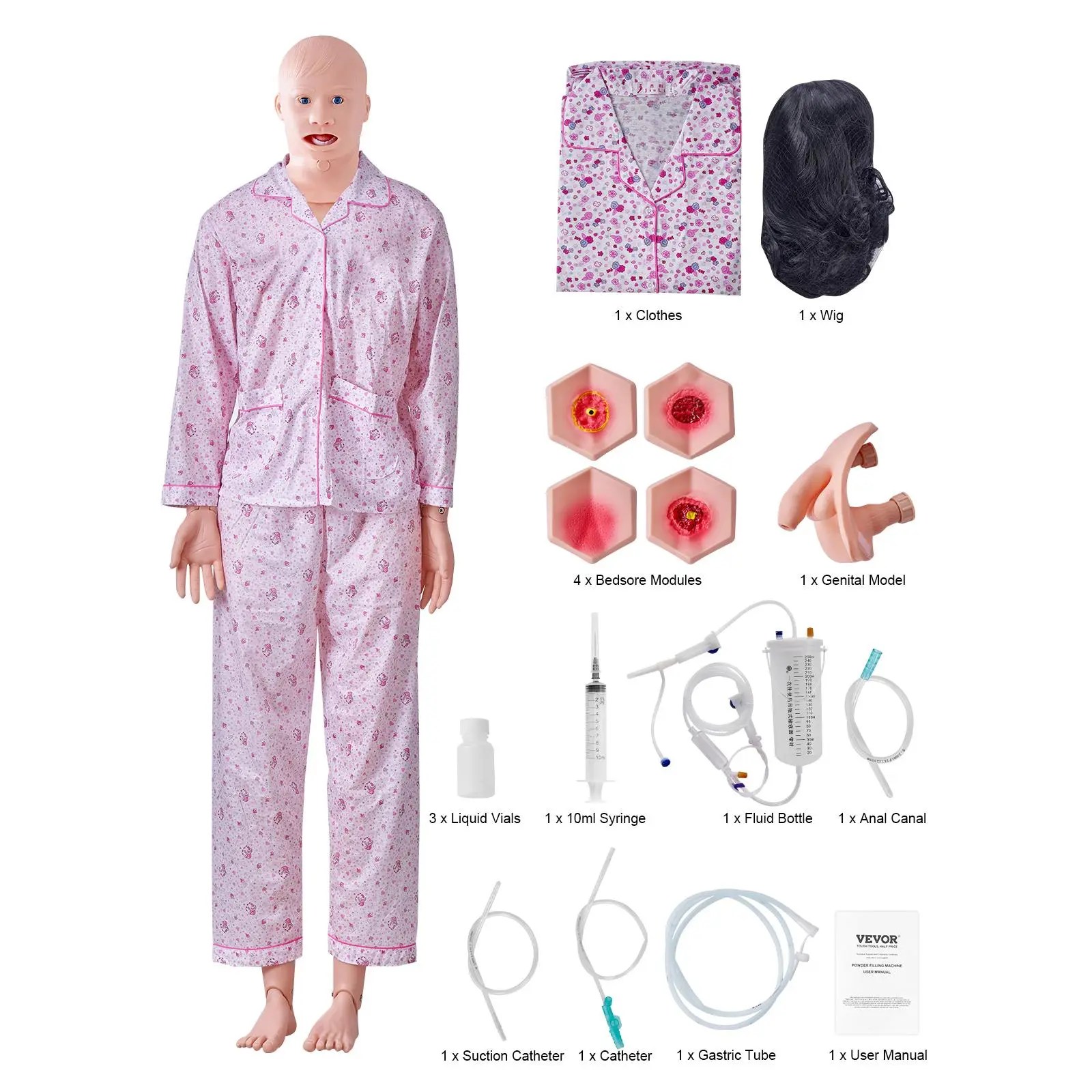 【Summerfinds】VEVOR Realistic Full-Body Nursing Training Manikin, Male/Female Life-Size PVC Anatomical Model for Learning & Practice, Multifunctional Body Care Simulator with Injection Kits, Tools