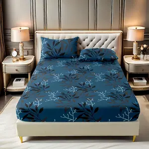 3-Piece Blue Leaf Bedding Set, Includes 2 Pillowcases & 1 Fitted Sheet, Soft Skin-Friendly, Easy Care, Fits Twin Full Queen King Beds, Bed Sheets