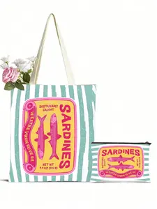 1PC Women'S Reusable Tote Bag, Handbag, Multifunctional Portable Bag And Cosmetic Bag Set - Colorful Pink And Green Striped Sardines Can Print Polyester Shopping Bag, Fixed Shoulder Strap Design, Suitable For Beach, Picnic, Grocery