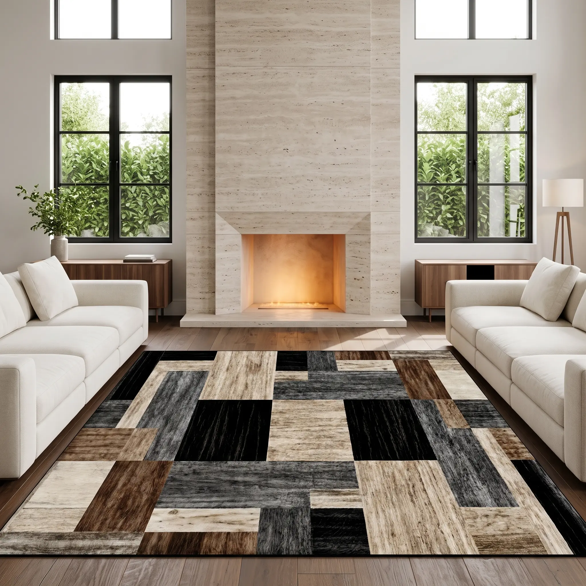 RUGIXE Black Brown Geometric Washable Area Rug 8x10 5x8 4x6 for Living Room, Modern Abstract Patchwork Soft Low Pile Area Rug with Non Slip TPR Backing, Foldable Machine Washable Indoor Rug for Bedroom Dining Room