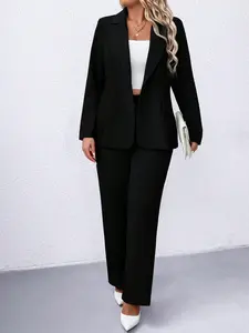 Women's Plus Size 2 Piece Outfits Single Button Blazer Pants Solid Notch Lapel Jacket Straight Trousers Business Casual Teacher Workwear Graduation Back to School Office Trendy Suits