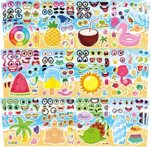 24 Sheets Summer Stickers for Kids, Make a Face Sticker Hawaii Tropical Pool Beach Stickers, Make Your Own Watermelon Pineapple Flamingo Sticker for Tropical Luau Party, Summer Holiday Party Favors