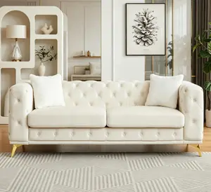 Chesterfield-Style Velvet Sofa - 82.5-in Classic Modern Living Room Furniture with Tufted Detailing, 2 Throw Pillows, and Metal Legs