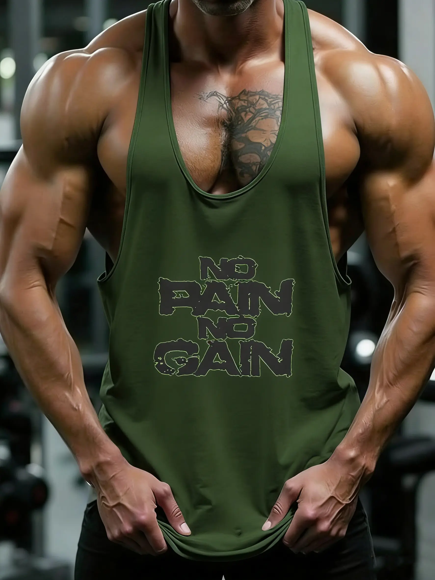 Men’s “No Pain, No Gain” fitness tank top for weightlifting, bodybuilding, running, training, and muscle definition—a favorite among gym enthusiasts. It’s perfect for everyday workouts, summer at-home wear, sleeping, and seaside summer outings.