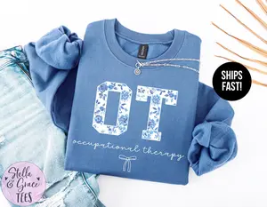 Blue Toile Occupational Therapy Short Sleeved T-SHIRT / Sweatshirt , Cute OT , Therapy Apparel, OT Sweater Sleeve Womenswear