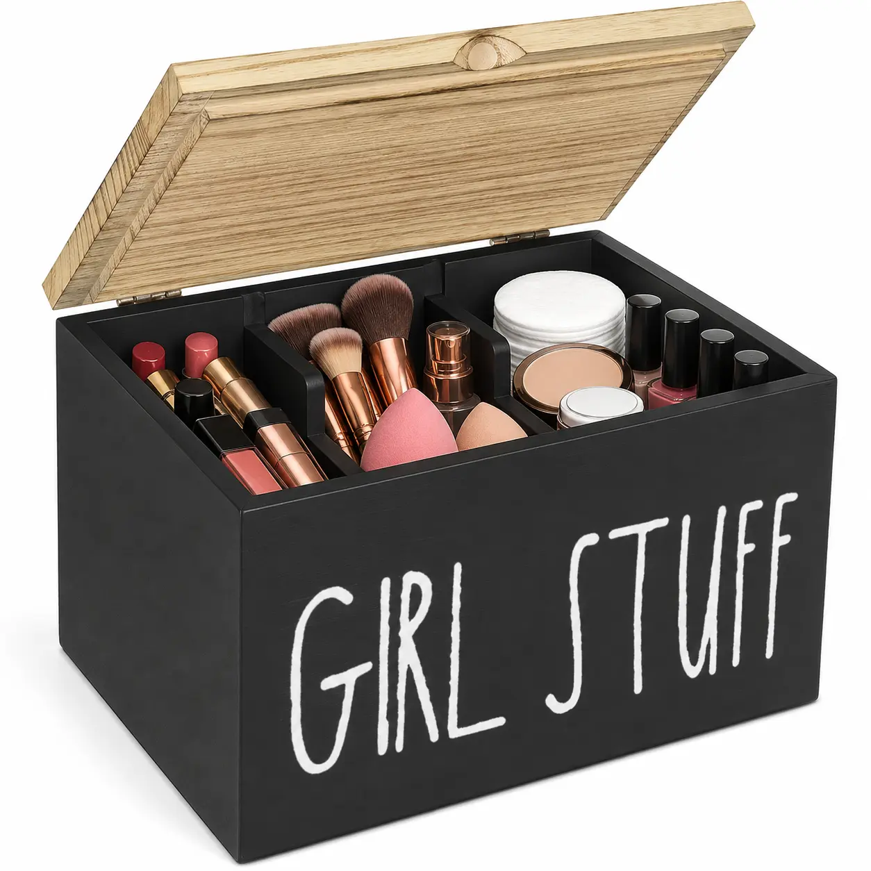 Modern Rectangular Wooden Decorative Makeup Organizer Box with Lid, 3-Compartment Layout Adjustable Removable Dividers, Vanity Holder for Girl Stuff, Beauty & Skincare Products, Bathroom Counter Home Organizer
