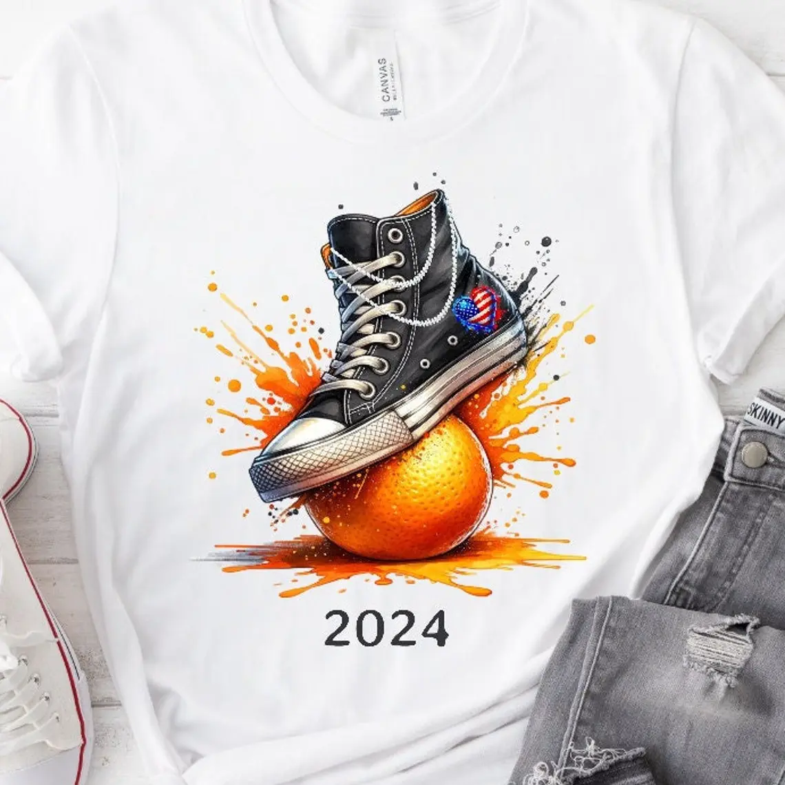 Harris For President Short Sleeve Tee Pearls and Chucks T Shirt 2024 Kamala For President T Shirt Converse Smashing an Orange Crush