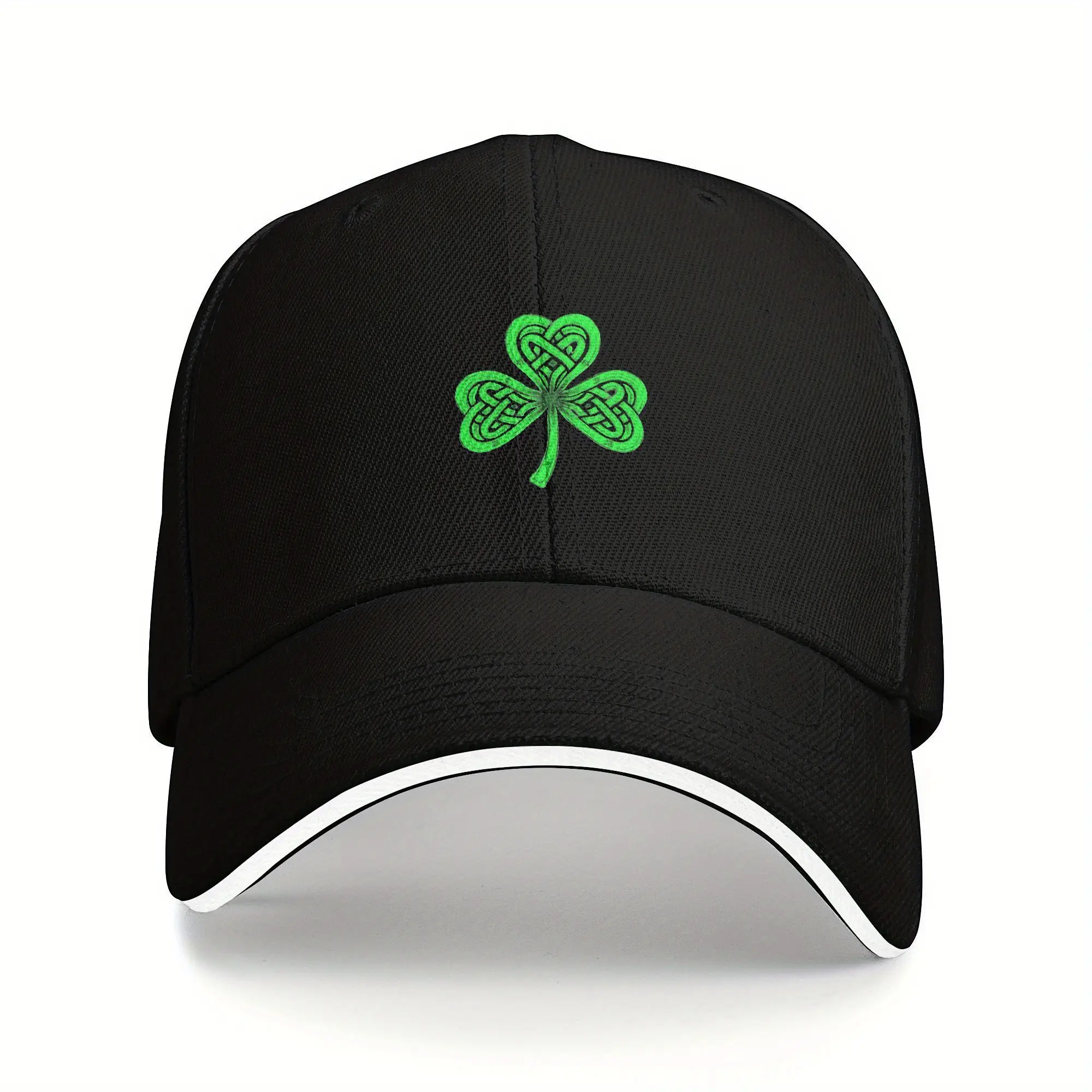 S&T Adjustable Vintage Four-Leaf Clover Print Trucker Hat - Lightweight 100% Polyester Breathable Baseball Cap with Sweatband, Green Four-Leaf Clover Design, Black - Unisex, Irish Baseball Cap, Men's Hat, Men's Cap