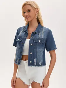 INSPIRE CHIC Women Short Sleeve Denim Jacket Button Up Ripped Frayed Cropped Jean Jacket