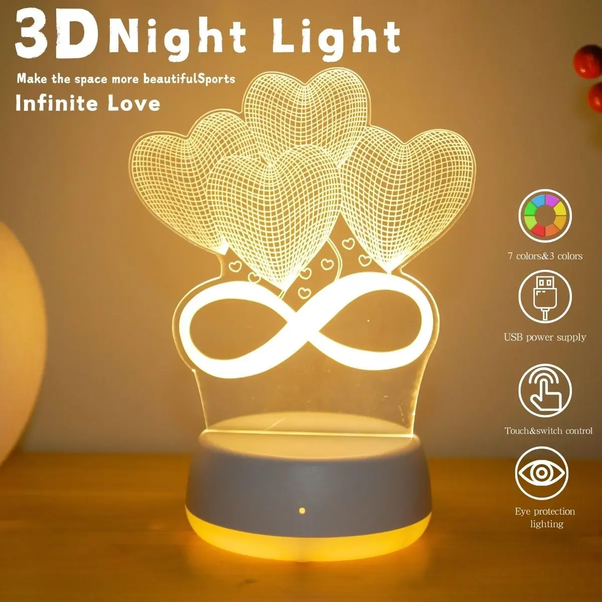 Heart Balloon Creative 3D Atmosphere Night Light Led Heart Lights, USB Powered Tabletop Decor Lamp, Bedroom Decoration, Wedding Anniversary Valentine Gift