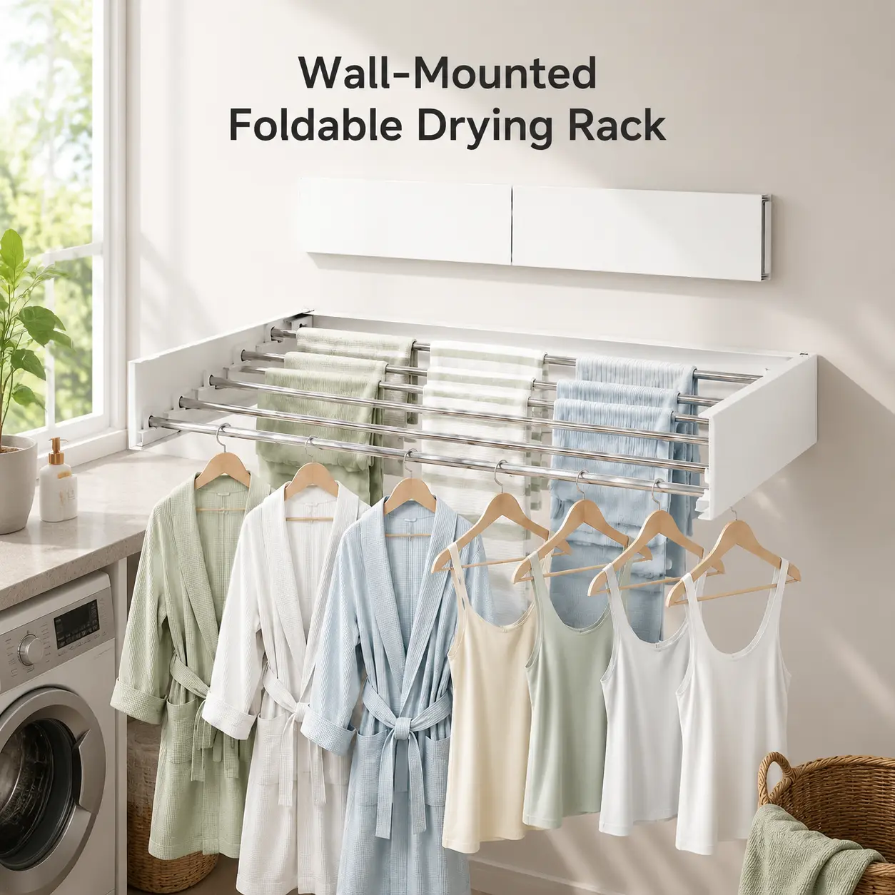 Space-Saving Foldable Drying Rack - 32" Retractable Wall Mounted Laundry Rack, White