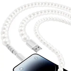 Beaded Charging Cords Fast USB A to USB C Charging Cable Long 6.6FT/2M Cute Beaded USB Type C Charger Cord Pearl Phone Charger for iPhone 17 16 Pro 15 Pro Max/Pro/Plus