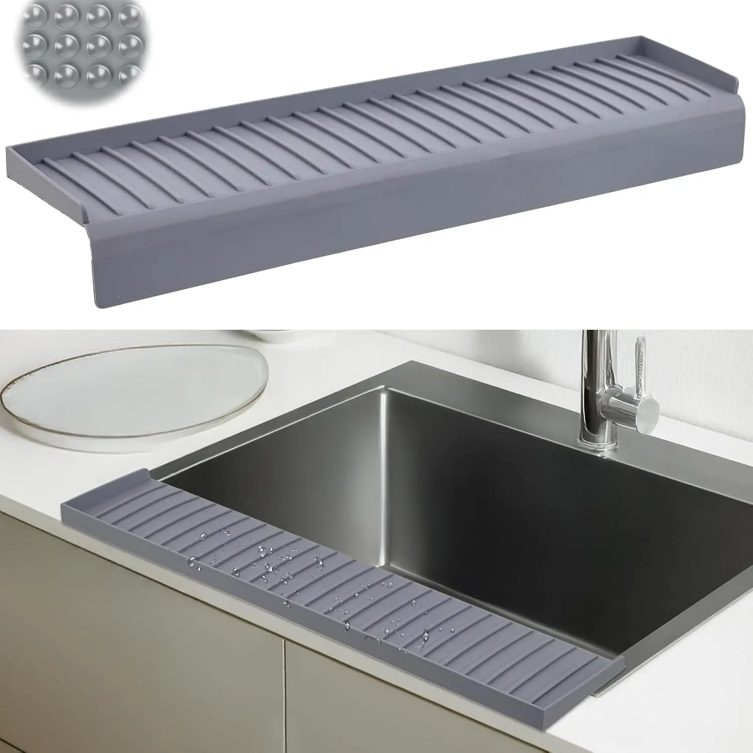 Sink Edge Protector with Suction Cup 14" 20" 24" 30",  Sink Splash Guard for Kitchen & Bathroom, Protect Countertop from , Stains, for Stainless Steel Granite Quartz-Grey