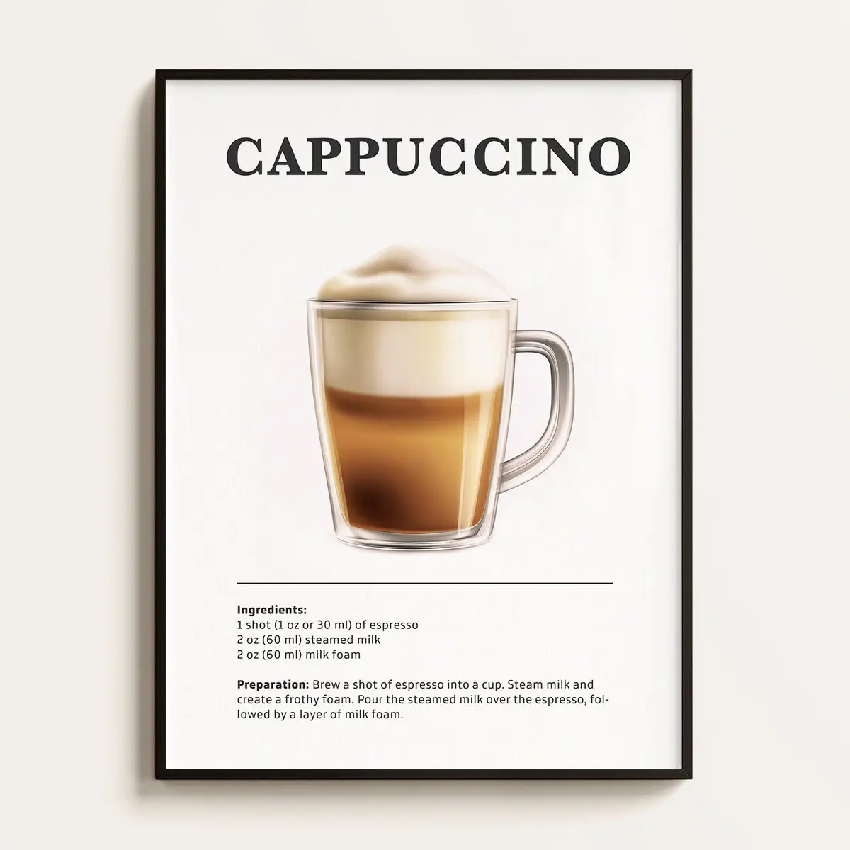 Cappuccino Poster, Coffee Drink Recipe, Coffee Print, Coffee Shop, Coffee Lover Gift, Coffee Wall Art Gift, Unframe | 5 size, 8x12 to 27x40 inch