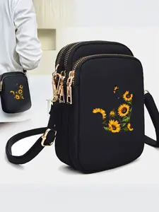 Women's Cat & Sunflower Pattern Crossbody Bag, Multiple Pockets, Detachable Adjustable Strap, Coin Pocket, Earphone Port, Casual Daily Use, Crossbody Shoulder Purses