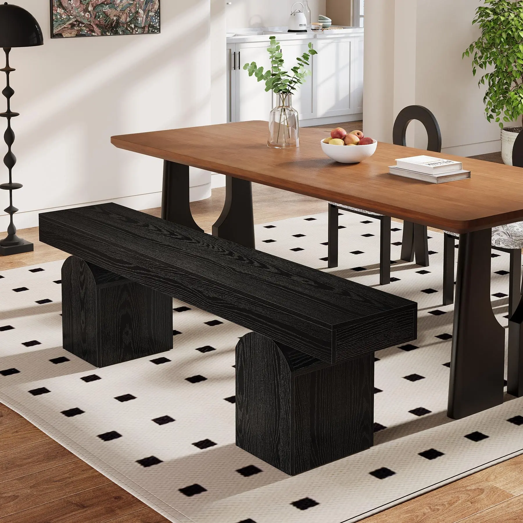 TRIBEWOOD 59" High-Quality Modern Black Dining Bench with Arched Base, Seats 2-3, Furniture Living Room, Entryway Kitchen Seating for Gatherings & Daily Use